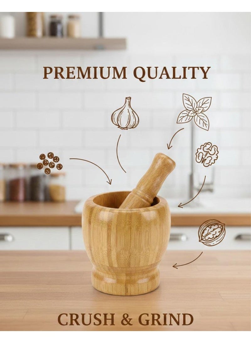 سبيس شوب طقم هاون ومدقة من البامبو الفاخر مطحنة طبيعية للأعشاب والتوابل والثوم - Image 2